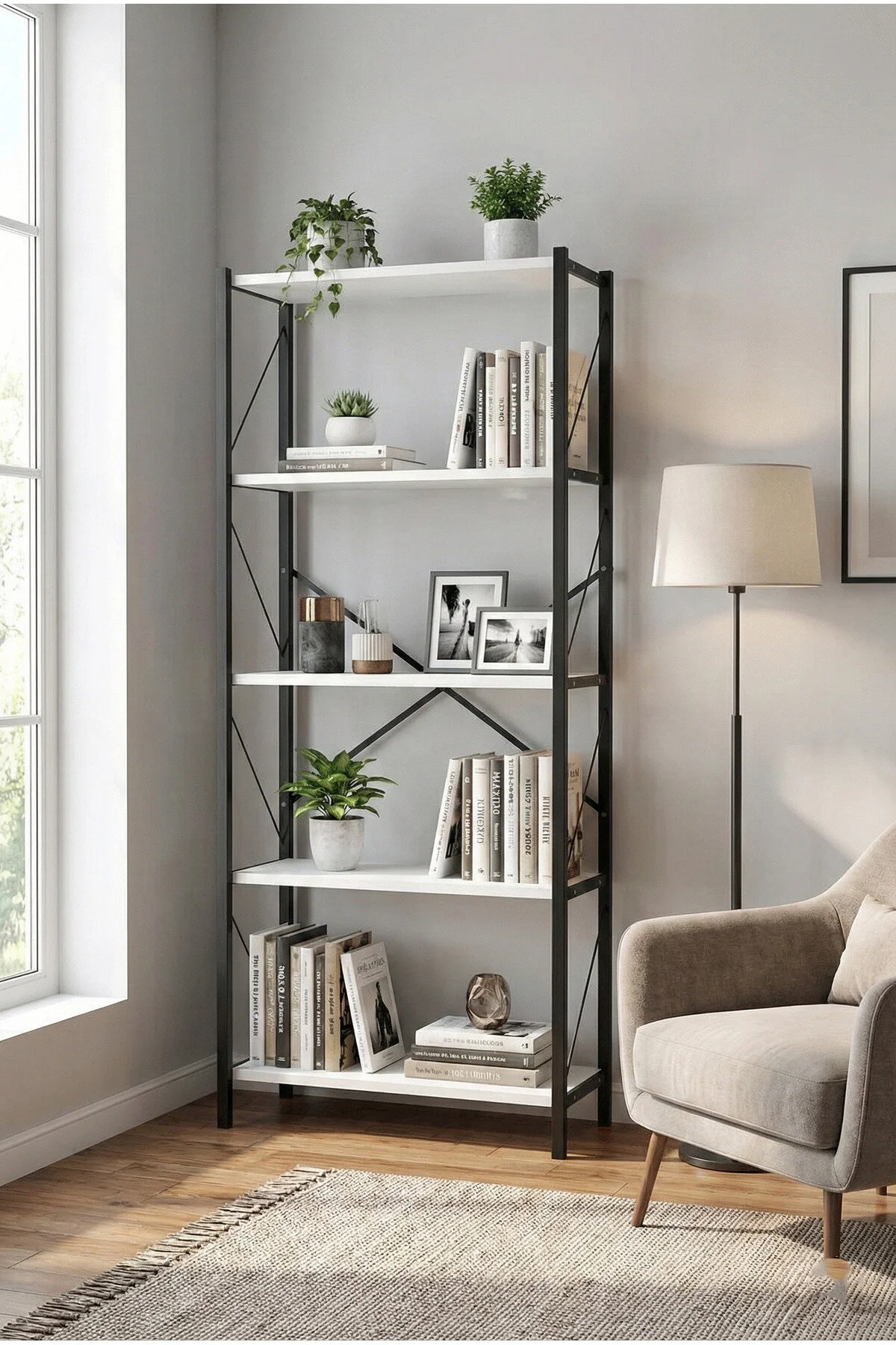 HcCraft HC Craft Metal Ayaklı 5 Raflı Kitaplık – 150x70x30 cm | Ofis/Ev Rafı